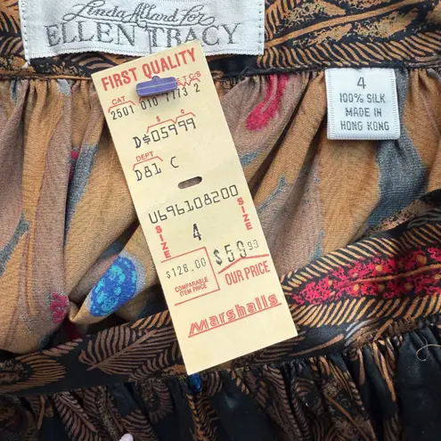 Linda Allard Ellen Tracy *Rare 100% Silk Maxi Skirt Feather Print Vintage Size 4 Black