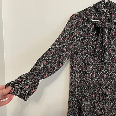 Joie Jamira Dress Black Blue Red Floral Tie Neck Bow Asym Ruffle SILK Mini