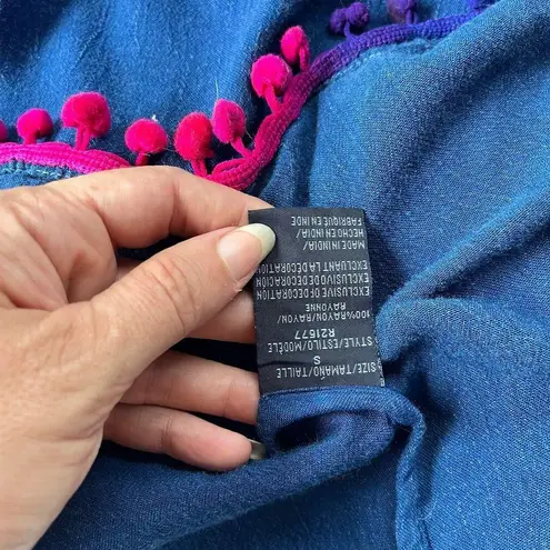 Riviera Sun Embroidered Denim Maxi Dress Sz S Festival Pom Poms Hanky Hem Boho Blue