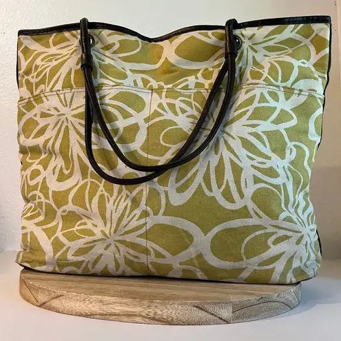 Large Yellow Retro Floral Beach Summer Brown Vegan Leather Trim Tote Bag