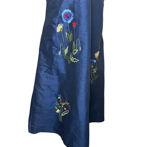 Eshakti Wayward Fancies Floral Embroidery Dupioni Empire Midi Dress Navy Size SM