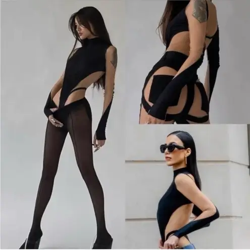 MUGLER Panelled Long Sleeve Illusion Mesh Cut Out Bodysuit Top, Size 44. $975 Black
