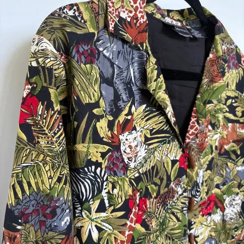 Vtg Animal Safari Colorful Maximalist Jacket Boxy Cotton Blazer Jungle Medium Green