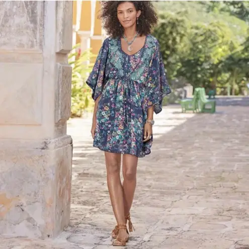 Sundance Azul Floral Dress Kimono with Slip XS Blue