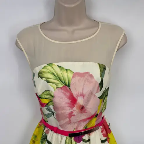 Ted Baker Garden Party Formal Dress Womens 0 White Pink Floral Print Lined Belt