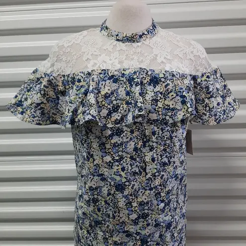 Belle Sky Belle & Sky Top Women's Size Small Blue Floral Boho Ruffled Lace Casual Blouse