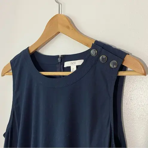 1901 Sailor Button Shoulder Stretch Cotton Poplin Navy Blue Midi Dress Retro