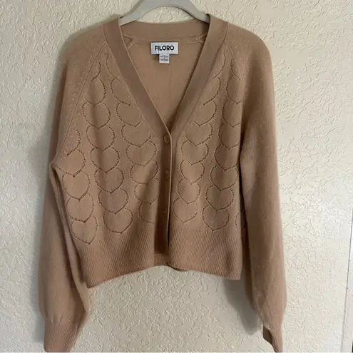 Filoro Pointelle Heart 2 Ply 100% Cashmere Cardigan Honey Size Small Swe… Tan