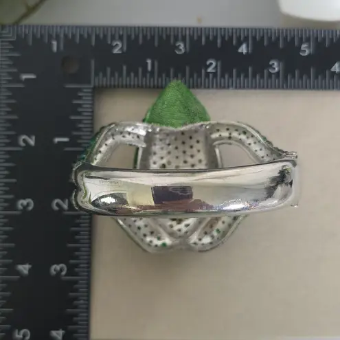 Silver Statement Bracelet Green Cubic Zirconia Frog Clamper Hinge