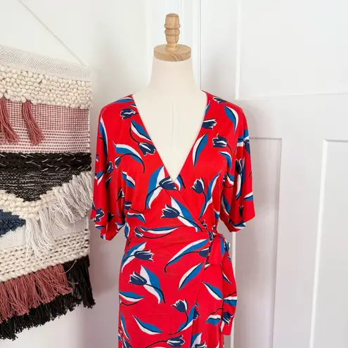 Whistles Tulip Floral Wrap Maxi Dress Red Sz 4 Short Sleeve Stretch Jersey