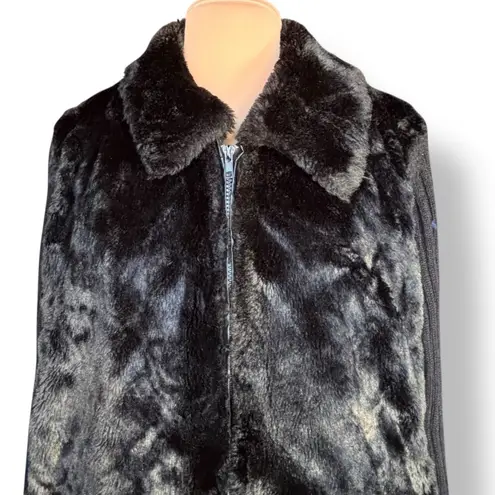 Vintage 90s Tiara Black Faux Fur Wool Knit Zip Jacket Collared Sweater Coat Size XL
