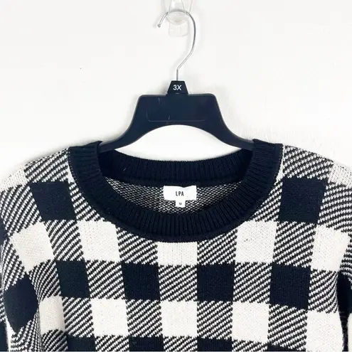 LPA Floyd Black White Buffalo Check Wool Blend Puff Sleeves Sweater Dress Medium