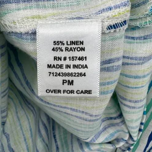 Cathy tunic M petite linen blend short tab sleeve zip front stripe beach resort Green Size M