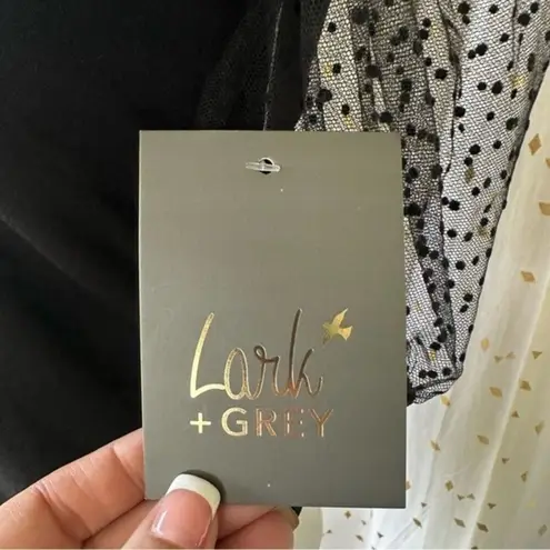 Lark + Grey NWT Women's V Neck Puff Mesh Polka Dot Sleeves Bodysuit L XL Black Size L