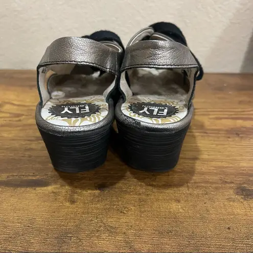 Fly London Ylva Wedge Lace-Up Mettalic Leather Sandal Shoe 38 7-7.5 Boho Grunge