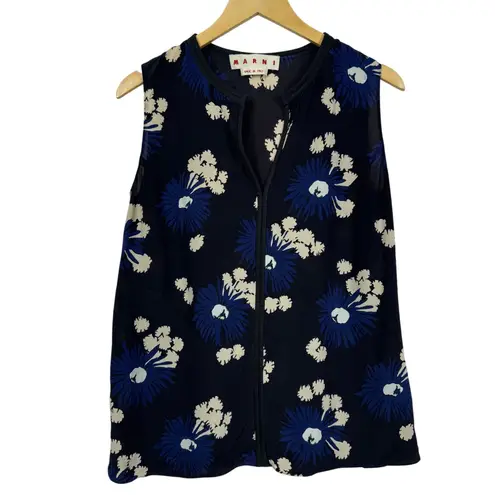 MARNI Silk Crepe Sleeveless Floral V Neck Blue Blouse Size 6 EU 42