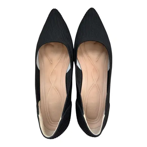 Black Knit ribbed fabric block heel Pointed Toe Pump Shoes Low Heel shiny black Size 10