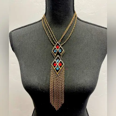 Vintage German Blue & Red Brass Tone Tassel Chain Statement Unique Rare Necklace