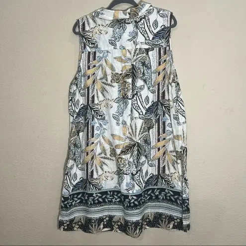 C&C California C&C CA 100% LINEN JUNGLE DRESS TUNIC TROPICAL SLEEVELESS SZ 2XL RESORT BOHO EUC