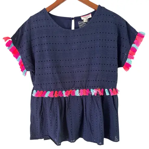 Andree by Unit Andree Eyelet Peplum Top Colorful Tassels Boho Chic Blouse Size S - Image 2