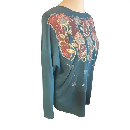 Sassy Sports Women's Vintage Teal Green Gold Floral Long Sleeve Crewneck Sweatsh Size XL