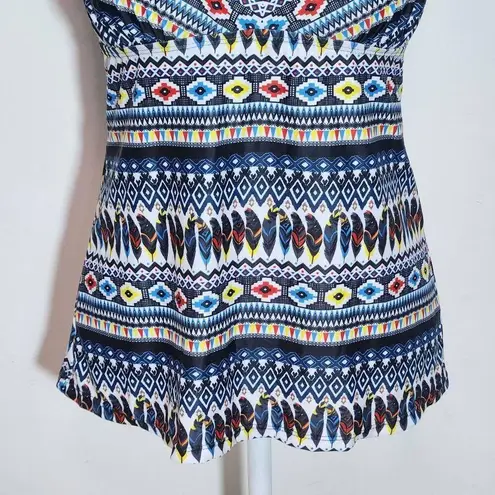 Yonique Feather Print Boho Tankini Top NWT Size Medium Aztec Print Tankini Blue
