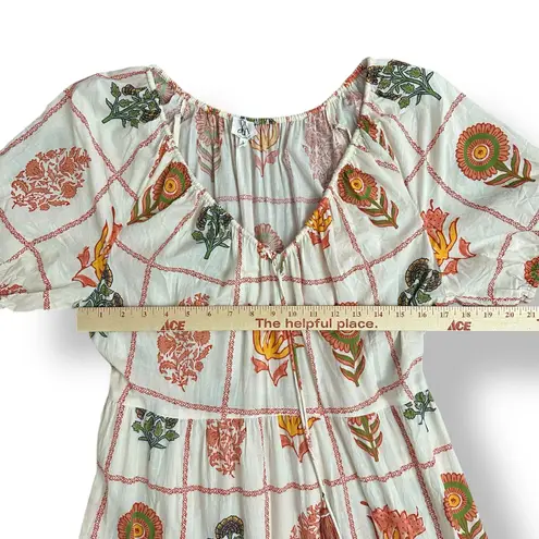 dRA Los Angeles Boho Block Print Cotton Maxi Dress L Floral Peasant Tassel Size L