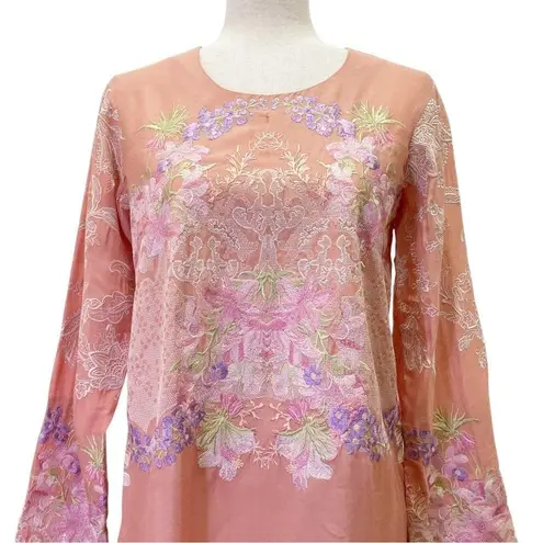 NWT Sana Safinaz Floral Embroidered Tunic Tea Rose Pink Peach Women’s Size Small