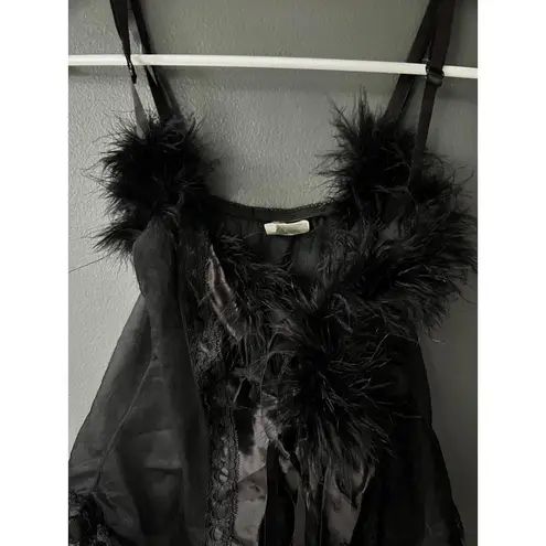 Chic Black Sheer Camisole with Feather Accents Size L