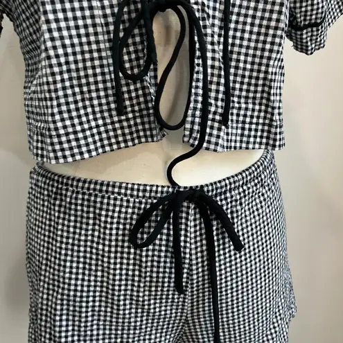 GLG Gingham Tie Front Two Piece Set SZ M Cottagecore Lounge Crop Top Shorts Black Size M