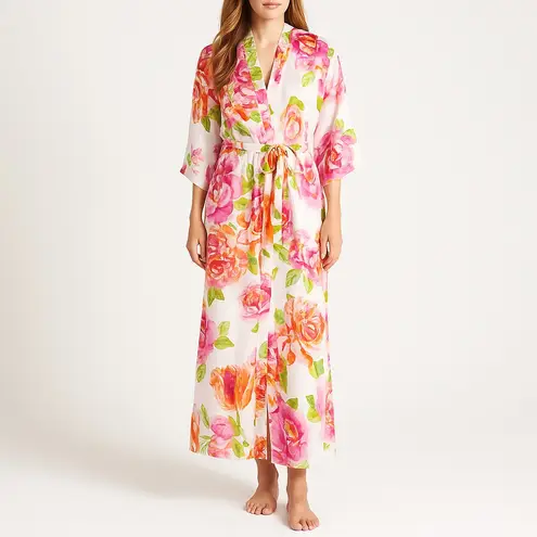 Natori South Pacific Floral Robe & Slip Nightgown Set Pink Orange Ivory Size S M Size M