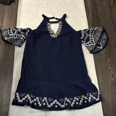 Red Carter Embroidered Linen Cold Shoulder V Neck Midi Dress S Costal Cowgirl