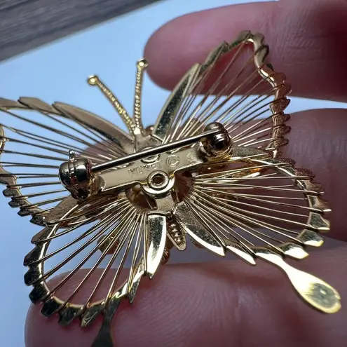 Monet Rhinestone Butterfly Insect Gold Tone Wire Signed Brooch Pin