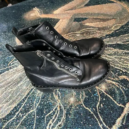 Black Combat Moto Leather Boots Lace