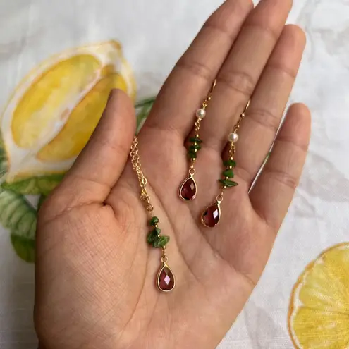 Jewelry Set Green Tourmaline Garnet Pearl Boho Bohemian Minimalist Casual Gift
