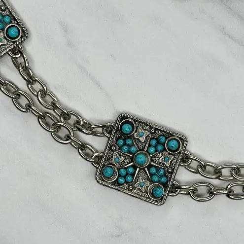 Faux Turquoise Studded Square Silver Chain Link Belt One Size (OS) ✨