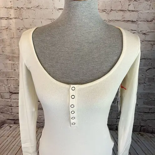 Open Edit  Knit Womens Ivory Long Sleeve Scoop Neck Henley Bodysuit Medium NWT