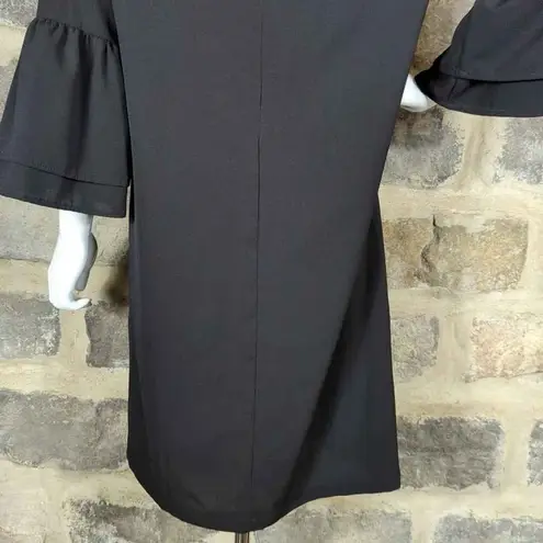 Belongsci Black Fully Lined Crepe Hidden Zip V Neck Ruffle Bell Sleeve Dress Size L