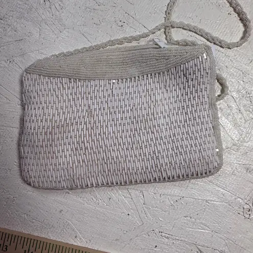 Vintage Beaded Clutch Handbag Silver White Evening Bag Small Chain Strap