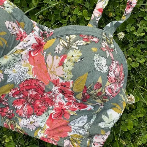 BOG Green Floral Print Corset Crop Top Sz M Smocked Back Padded Cups Lined thumbnail 2