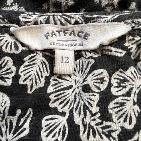 Fat Face Women's Top Floral Black and Cream, Tie Bottom, Cap Sleeves Size 12