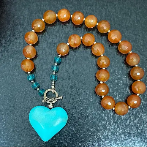 Handmade Agate Stone Crystal Faux Turquoise Heart Pendant Toggle Chunky Necklace