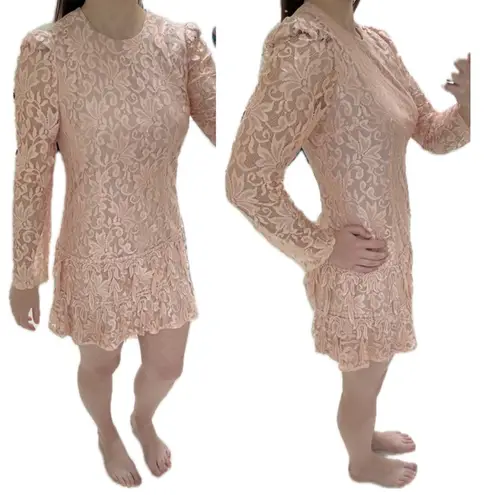 Le Art Vintage Pink Champagne Lace Layered Long Sleeve Dress Women’s Size 10