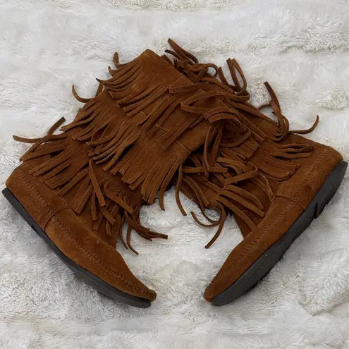 Minnetonka  Brown Suede Three Layer Fringe Boots, Size 9 - Image 2
