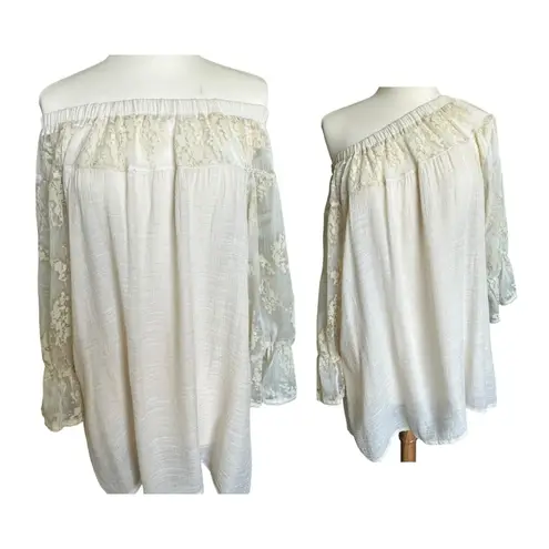 Cal Style Tunic Dress Off the Shoulder 3/4 Lace Sleeve Beige Boho Chic Festival Tan Size L