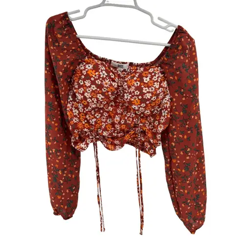 Madden NYC Junior's Shirred floral Print Peasant Top L Puff sleeve smocked Orange Size undefined