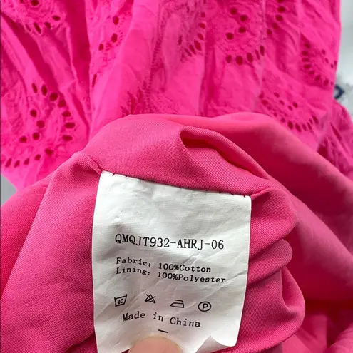 Vibrant Fuchsia Eyelet Midi Dress tiered 2X boho plus lined flowy vacation Pink