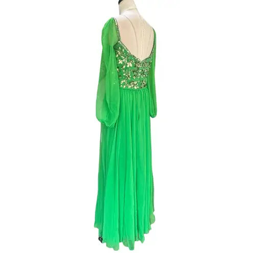 Victoria Royal Ltd 1960s Green sequin & Beaded Vintage Gown Dress sheer sleeves Size M