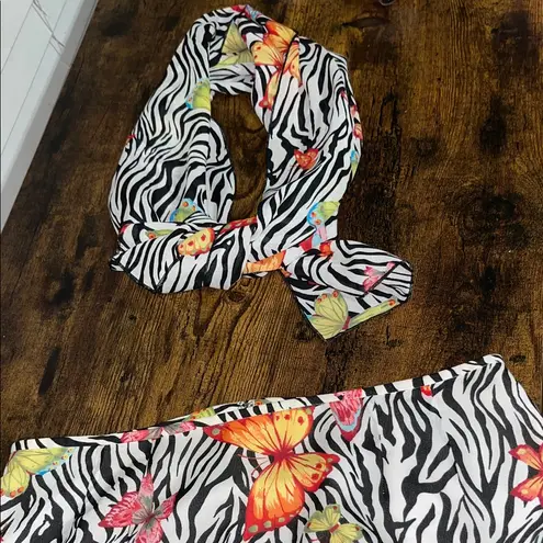 Vintage Butterfly Zebra Print Skirt and Scarf Black Size M