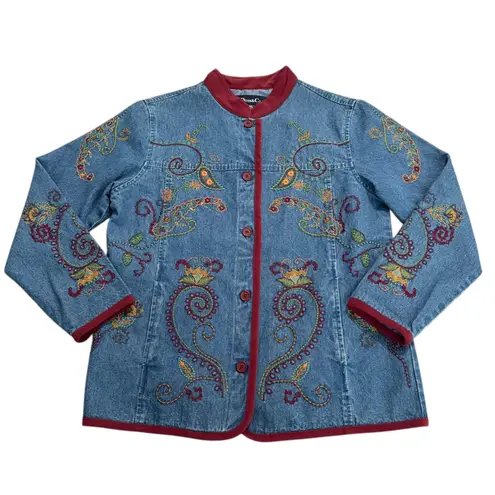 Denim & Co Denim Embroidered Paisley Jacket Trim Collar Boho Artsy Pockets Women Small